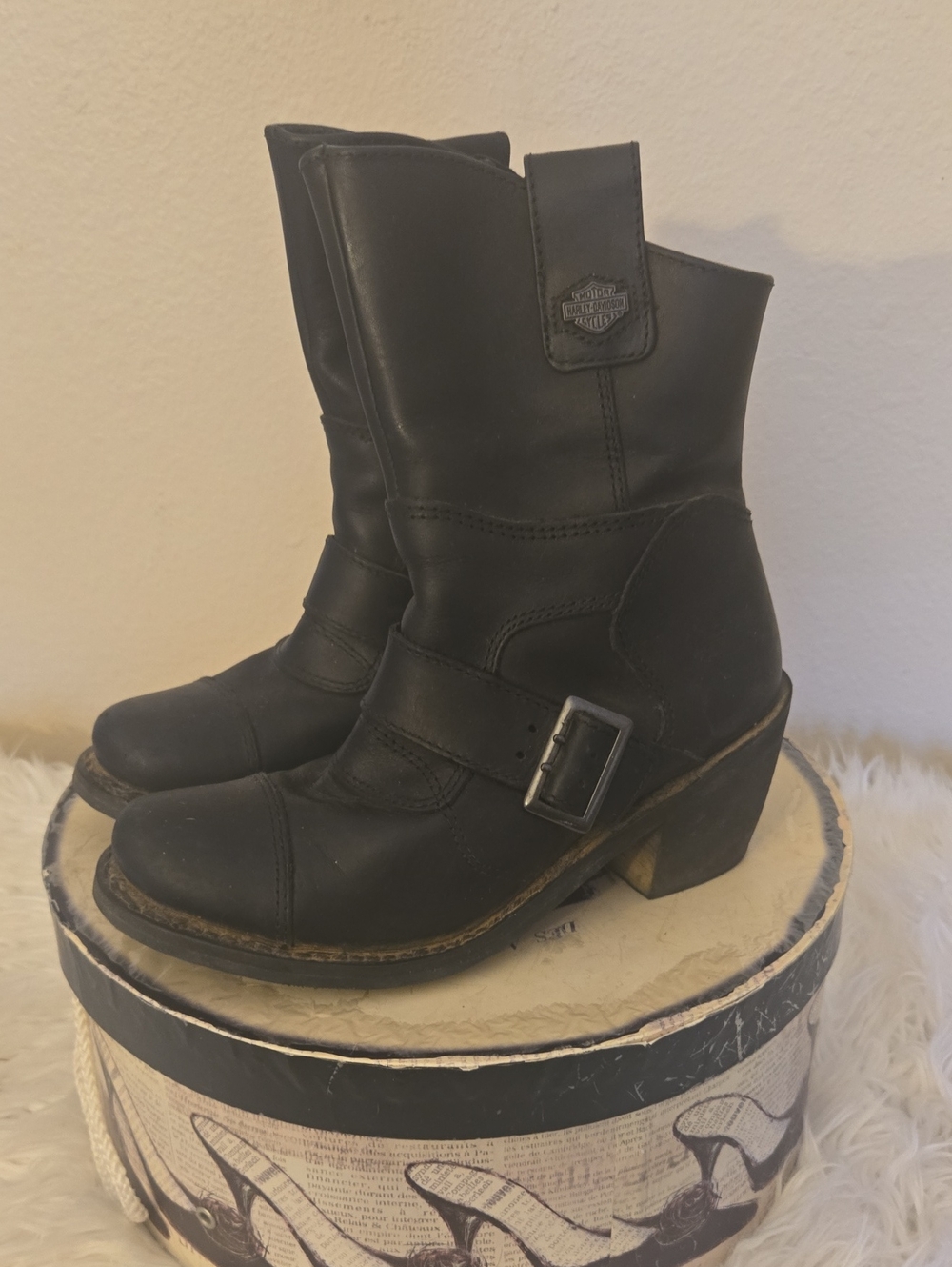 Harley-Davidson Black Leather Buckle Mid-Calf Women's Moto Boots
